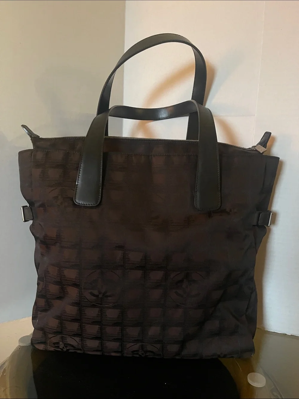 CHANEL Black and Brown Logo Jacquard Tote with Leather Handles